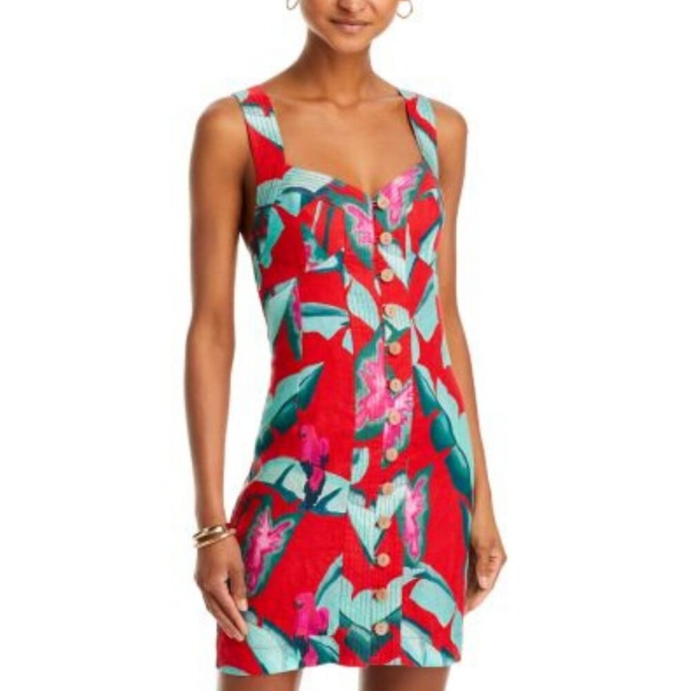 Farm Rio Summer Foliage Linen Mini Dress, Like New, Bright Red